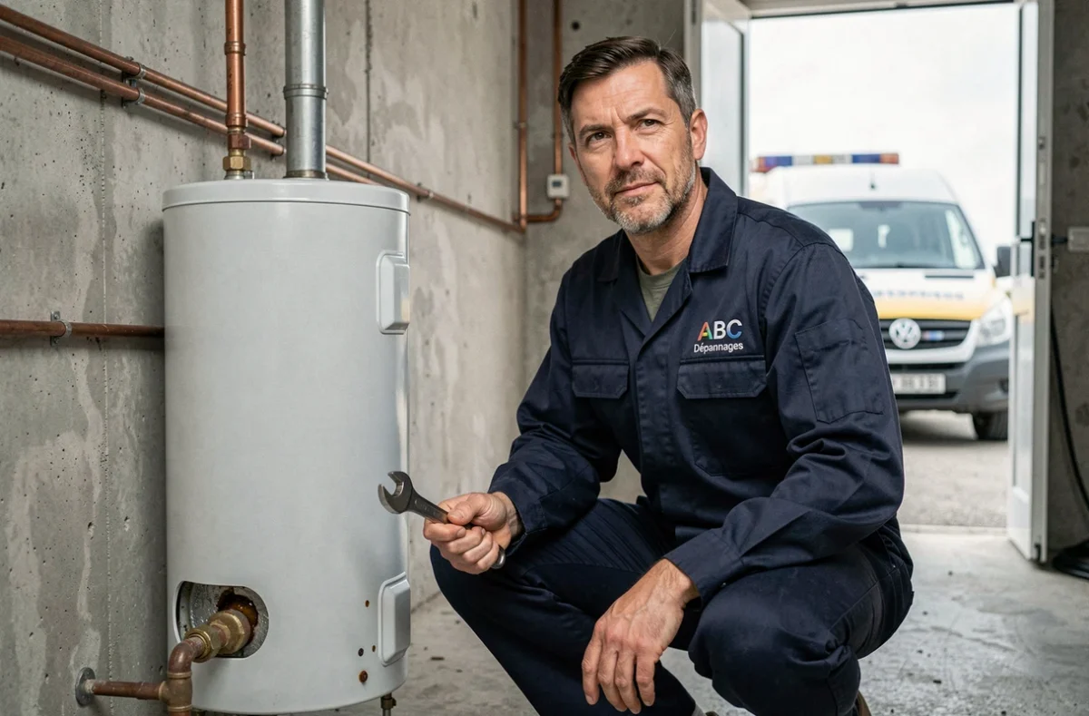 Technicien ABC Dépannages intervenant sur un chauffe-eau dans une chaufferie