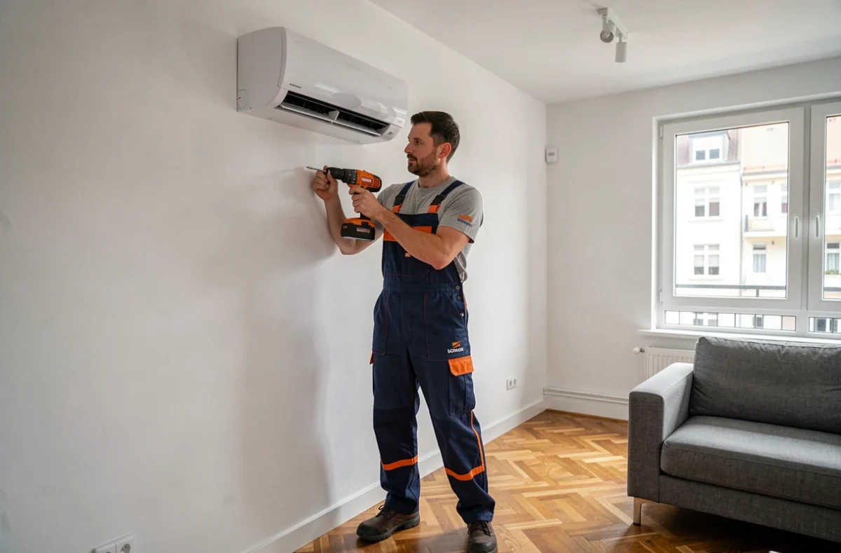 Technicien Actions Clim Chauffage installant une climatisation murale à Strasbourg
