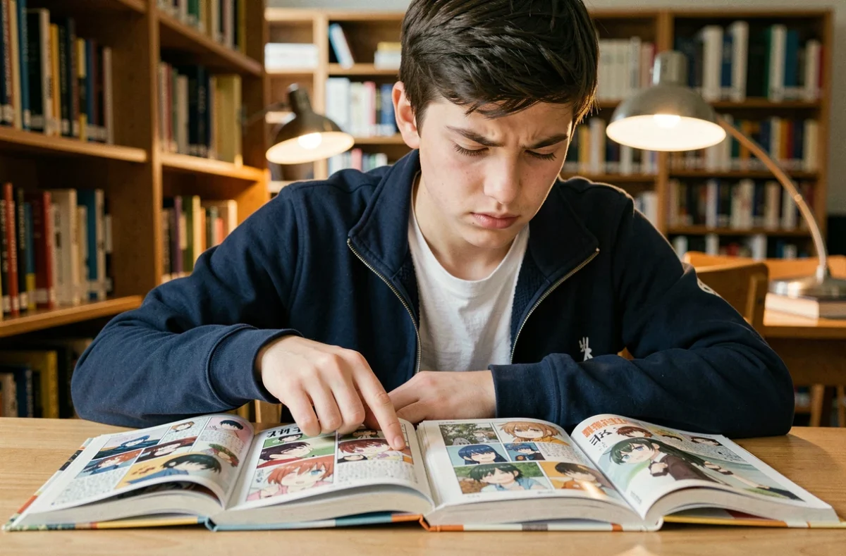 Adolescent confus essayant de lire un manga dans le mauvais sens dans une bibliothèque