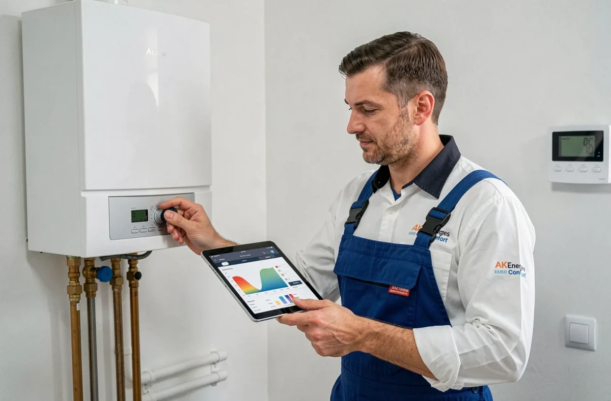 Technicien AK Energies Confort réglant une chaudière murale dans un appartement moderne