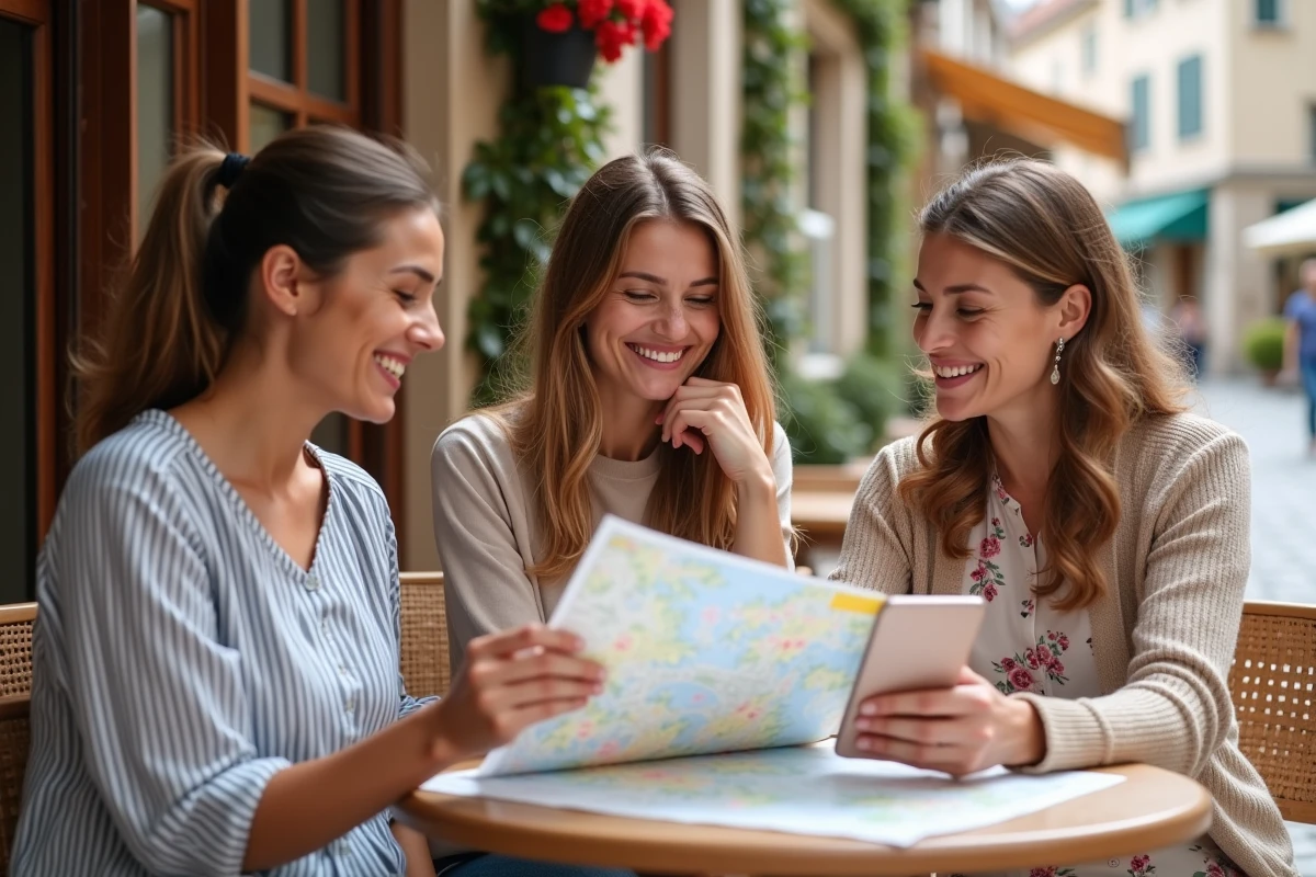 Trois amies planifiant leur escapade de week-end férié de mai en terrasse d'un café dans un village français