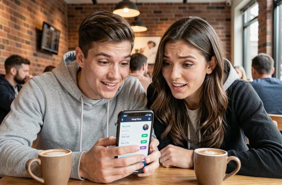 Deux amis dans un café regardant avec surprise leurs statistiques de temps total joué sur League of Legends affichées sur un smartphone