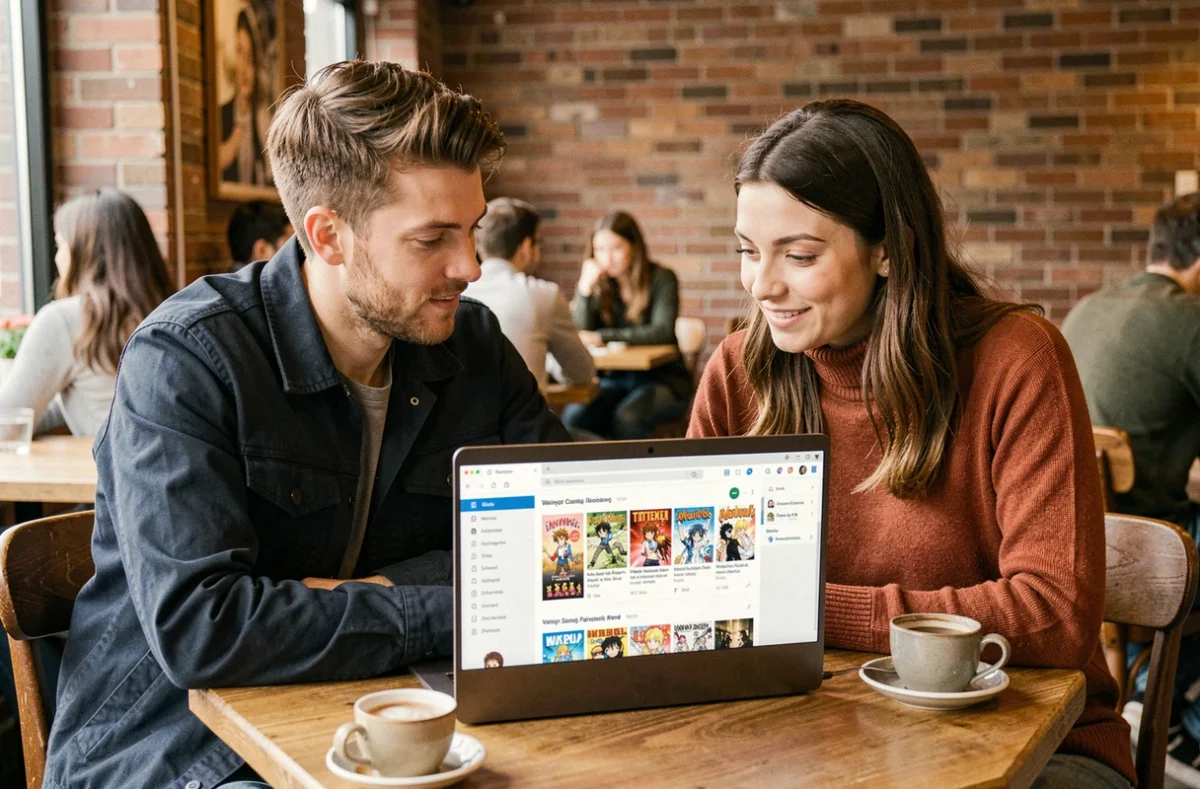Deux amis découvrant ensemble un site de lecture de manga dans un café, pour illustrer les meilleures plateformes pour suivre Become the Strongest Hero Through the Cheat System