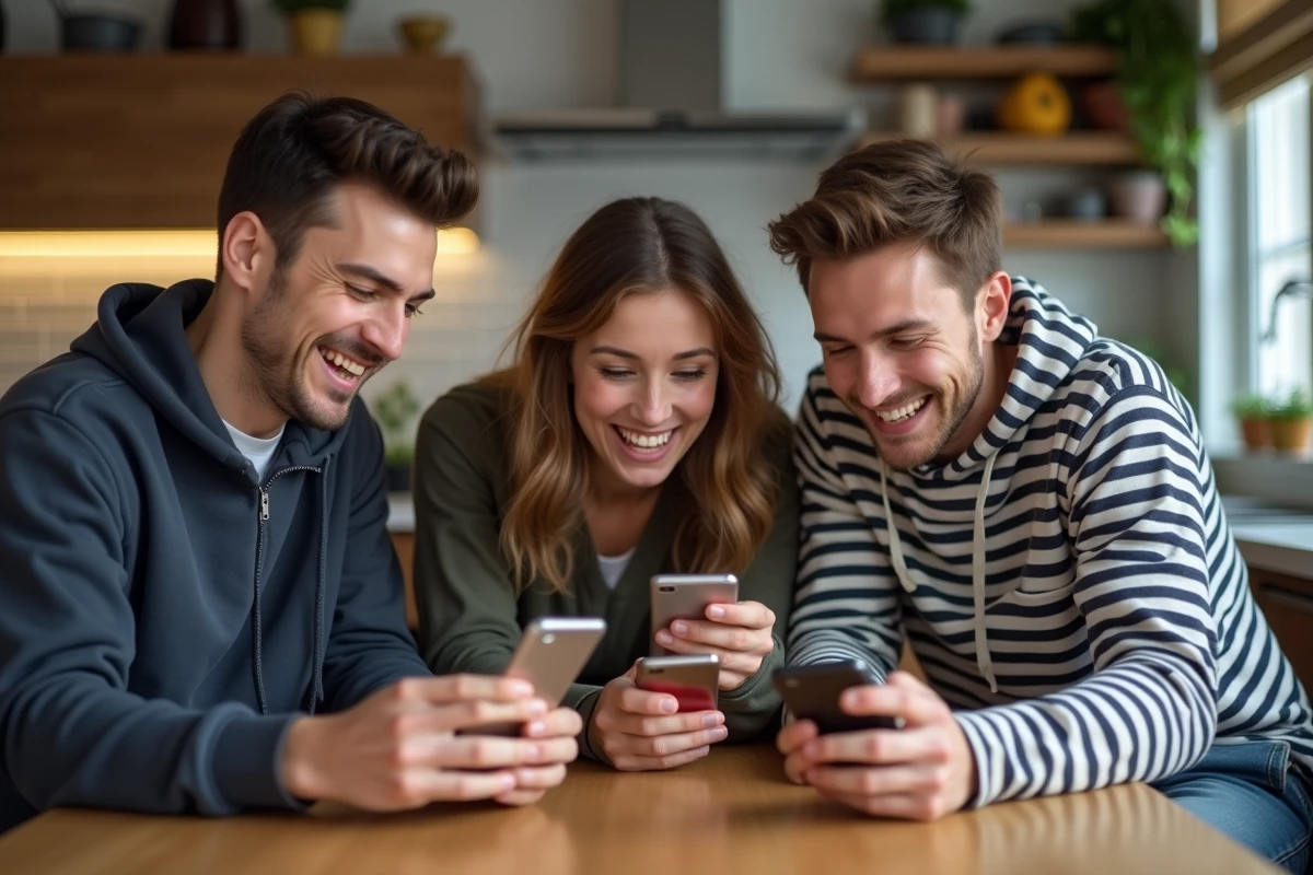 Groupe d'amis participant ensemble aux événements Monopoly GO et au Club des Magnats sur leurs smartphones