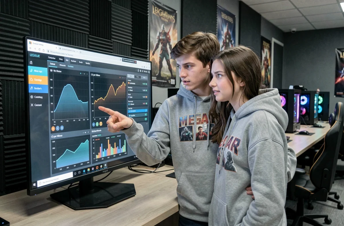 Deux joueurs discutant des statistiques de profil League of Legends sur un écran dans un club esports universitaire