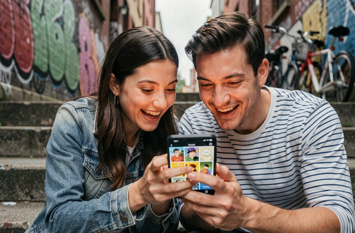 Deux amis partageant la découverte de nouveaux webtoons sur smartphone dans un cadre urbain