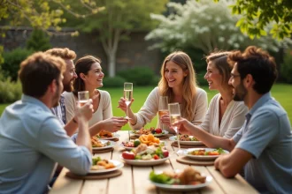 Groupe d'amis réunis autour d'une table de pique-nique en bois pour un repas en plein air lors d'un week-end férié de mai