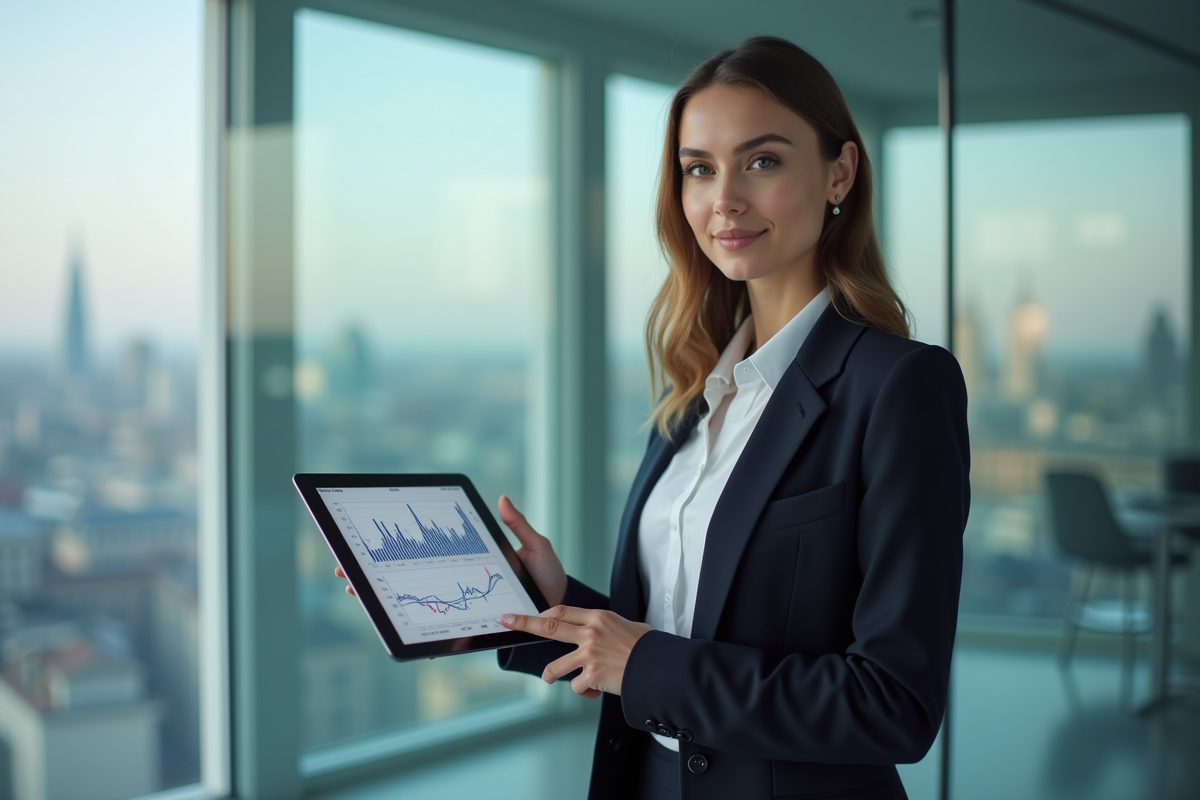 Jeune analyste financier présentant des graphiques