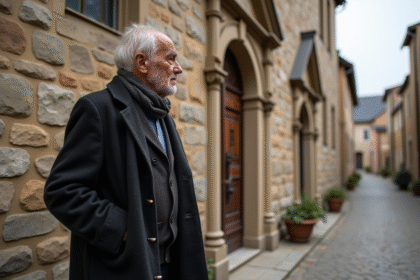 Architecte âgé observant une vieille église en pierre