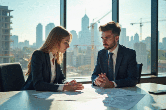 Jeune femme et homme d affaires discutant plans architecturaux dans un bureau lumineux