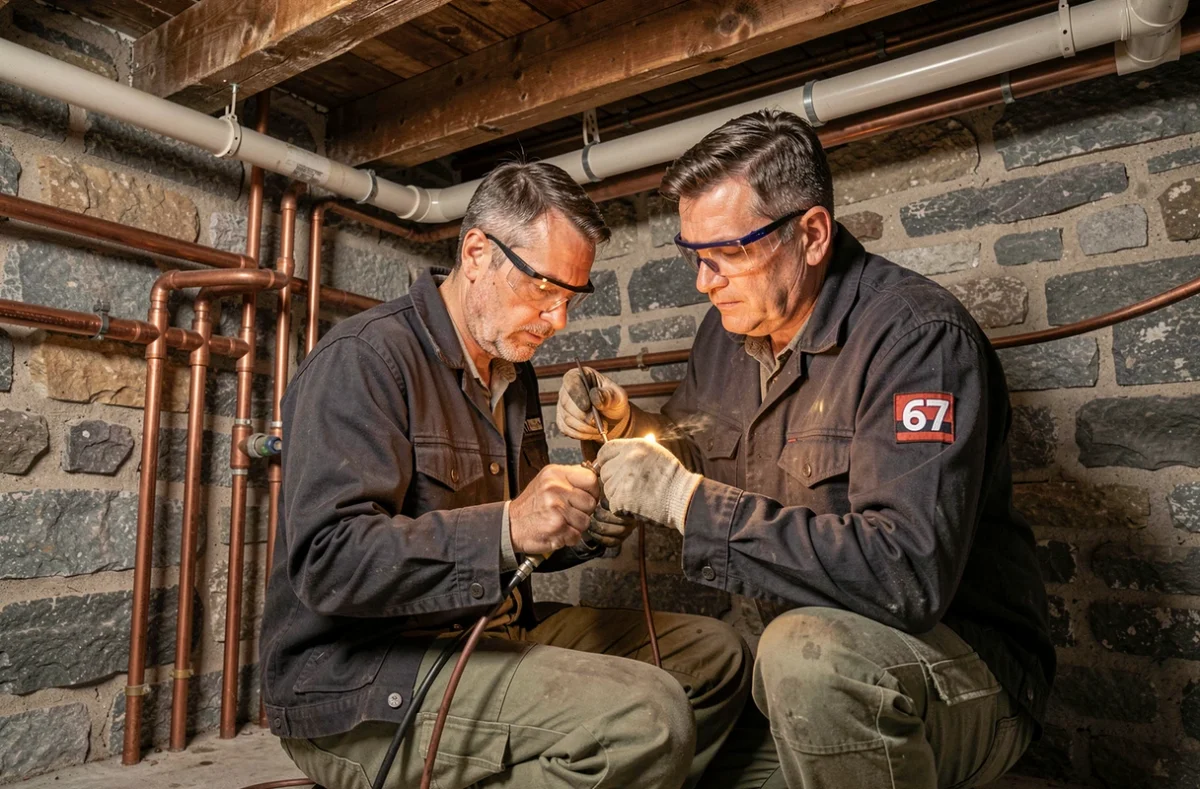 Artisan 67 soudant des tuyaux en cuivre dans une cave strasbourgeoise