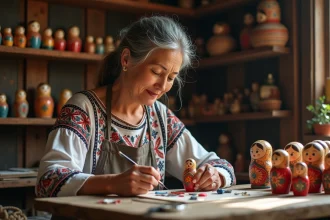 Artisane peignant une poupée russe traditionnelle dans son atelier