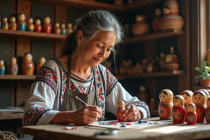 Artisane peignant une poupée russe traditionnelle dans son atelier