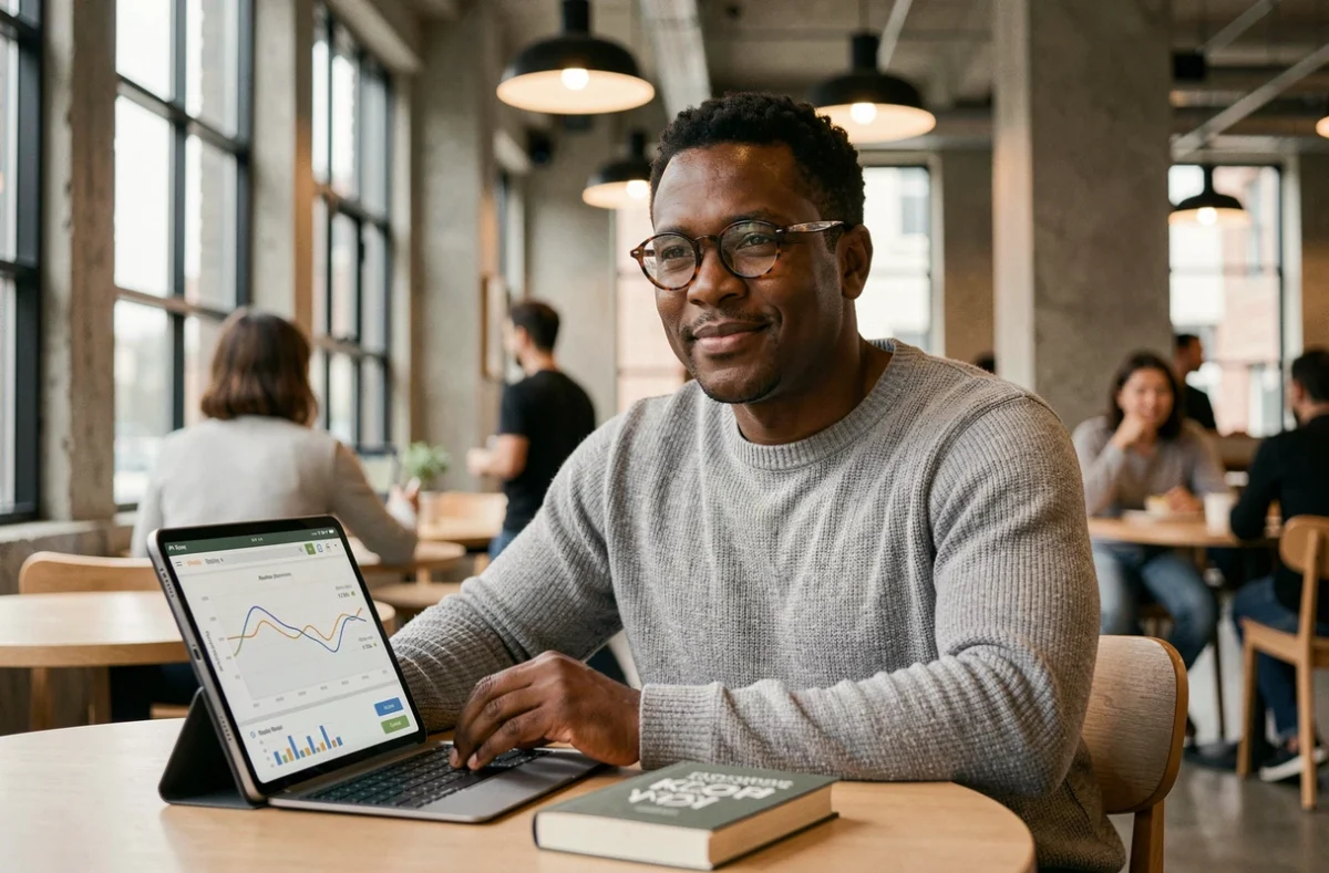 Auteur indépendant consultant ses revenus KDP sur une tablette dans un café moderne