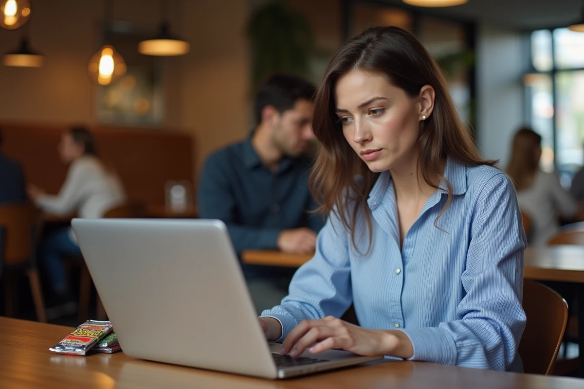Femme lisant un avis consommateur sur un site de vente de cartes Pokémon dans un café