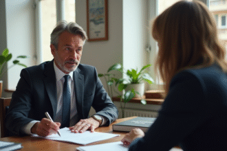 Avocat français dans un bureau lumineux discutant avec un client