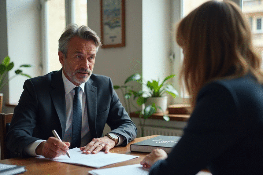 Avocat français dans un bureau lumineux discutant avec un client