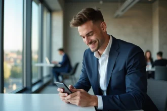 Jeune homme politique en costume marine consultant son smartphone dans un open-space moderne à Paris, dans un style influenceur