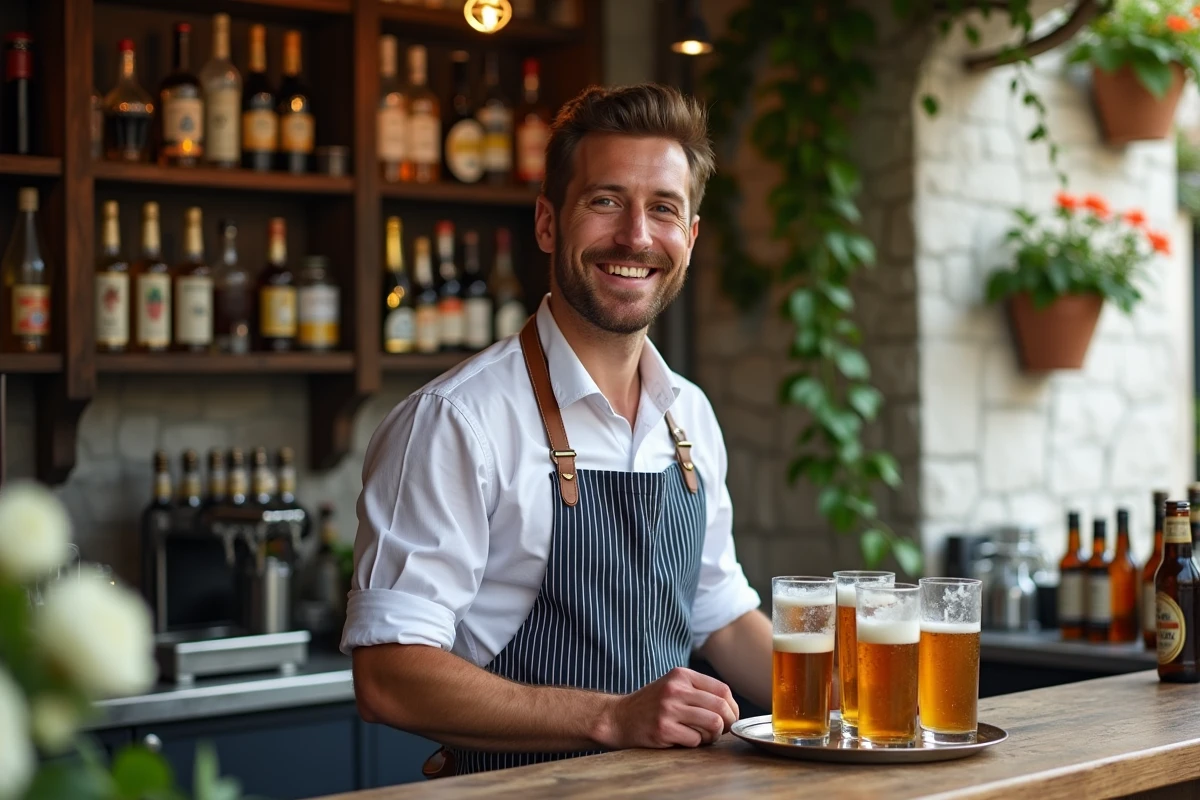 Barman préparant des boissons fraîches derrière le comptoir rustique de la guinguette de La Madeleine à Lille
