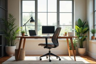 Bureau à la maison moderne et organisé avec ordinateur et plantes