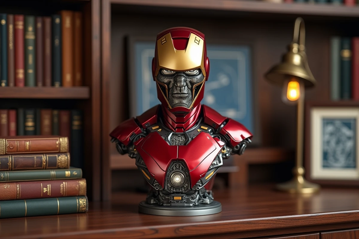 Buste collector Iron Man avec visage ouvert posé sur un buffet en noyer dans un bureau de collection entouré de livres anciens
