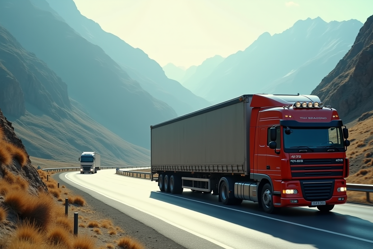 Camion de 44 tonnes sur une route de montagne ensoleillee