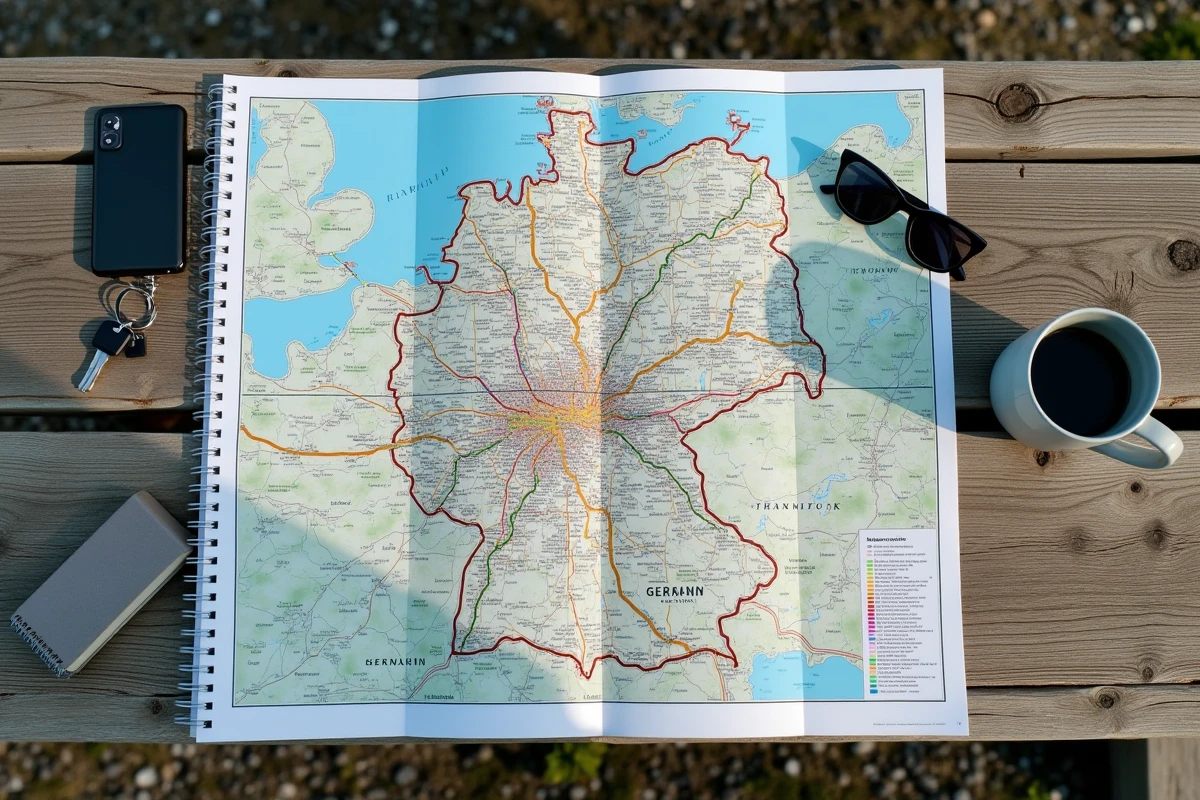 Carte routière d'Allemagne dépliée sur une table de pique-nique avec accessoires de voyage pour routiers