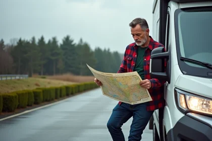 Routier consultant une carte routière d'Allemagne appuyé contre un camping-car sur une aire d'autoroute allemande