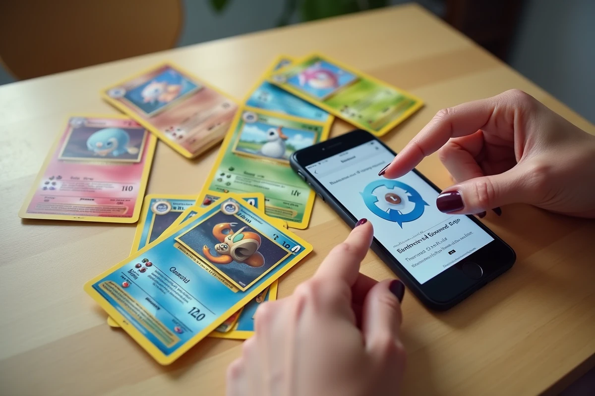 Comparaison de cartes Pokémon authentiques et contrefaites avec avis en ligne sur smartphone