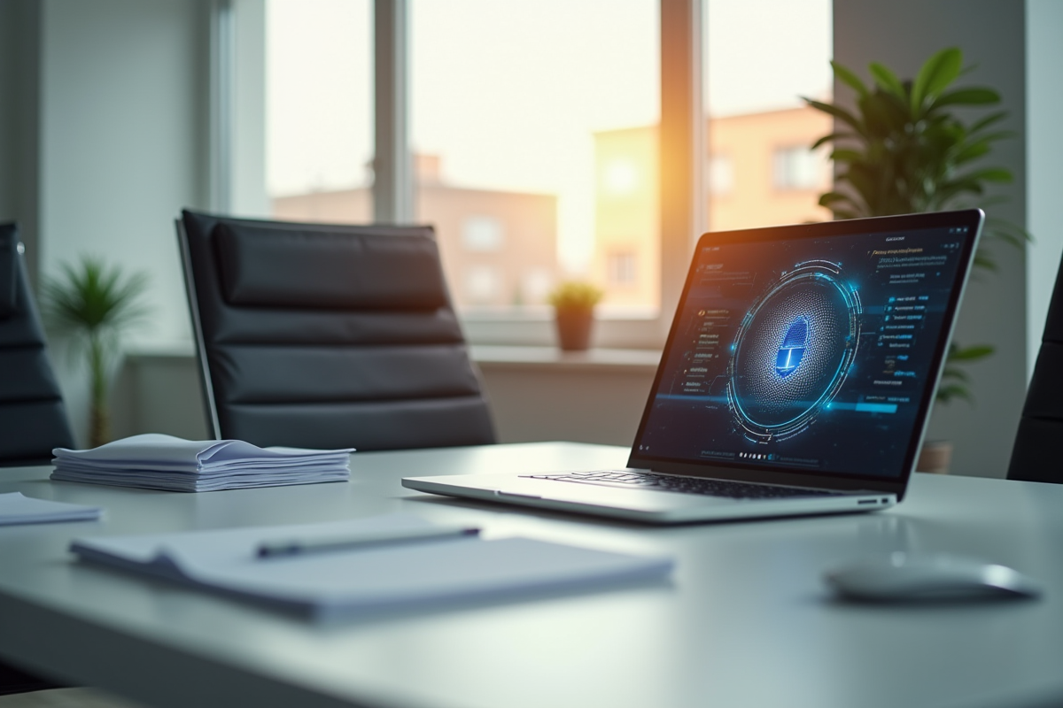 Chaise vide avec ordinateur et notes de recrutement dans un bureau lumineux
