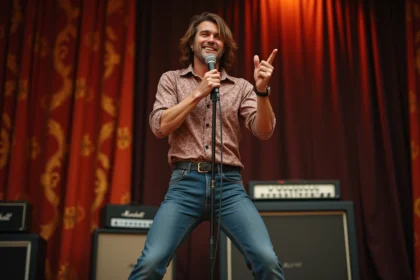 Chanteur masculin passionne sur scene vintage des annees 70