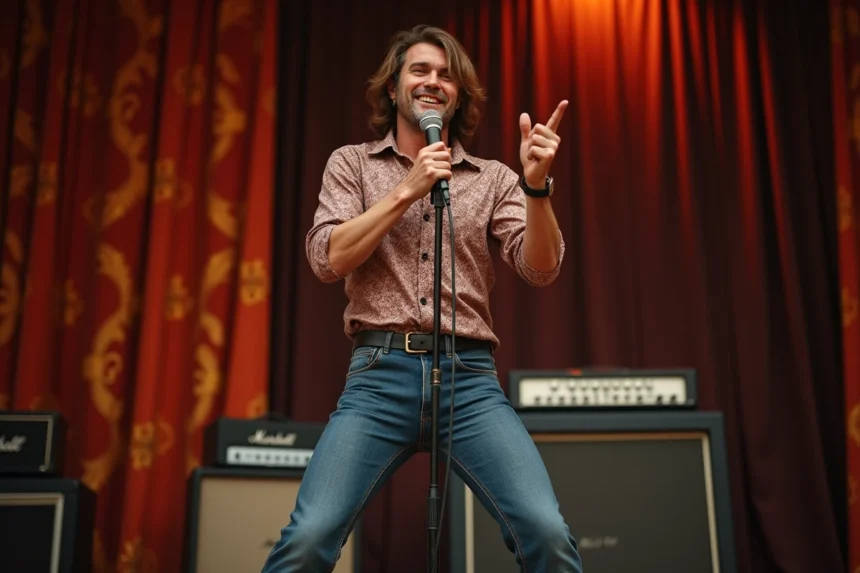 Chanteur masculin passionne sur scene vintage des annees 70