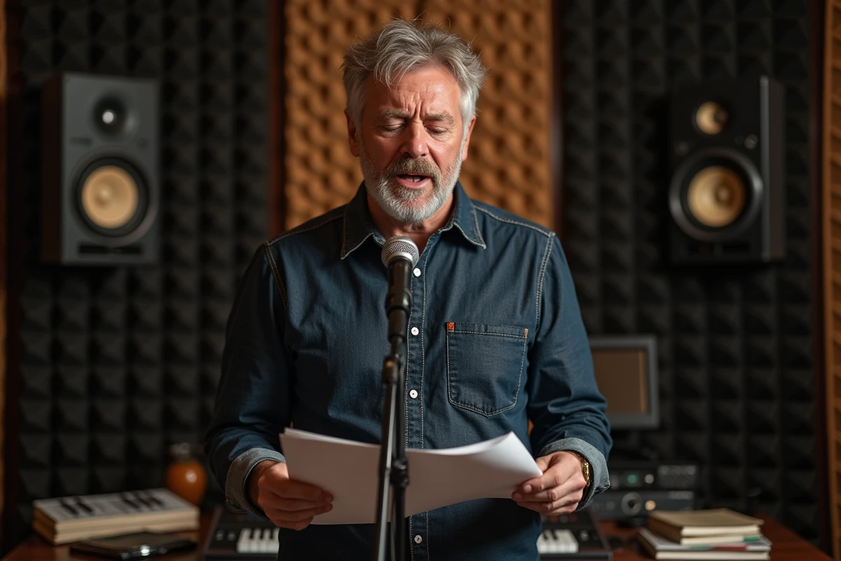Chanteur en studio d'enregistrement répétant les paroles d'une chanson de Michel Berger devant un micro