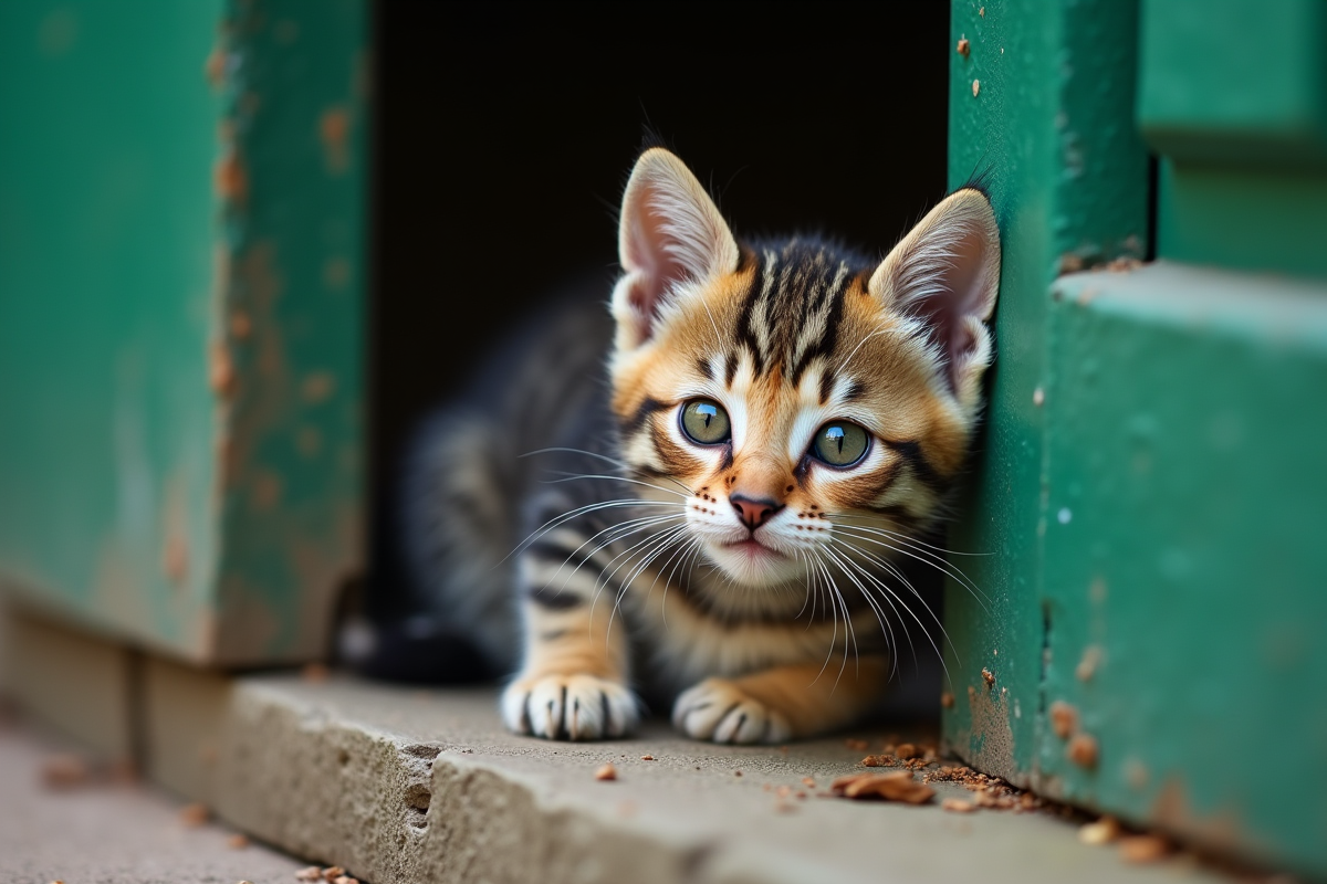 Chaton dans une niche verte avec lumière du midi