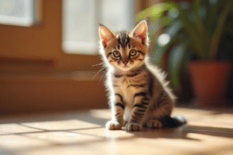 Chaton tabby assis sur un sol en bois ensoleille