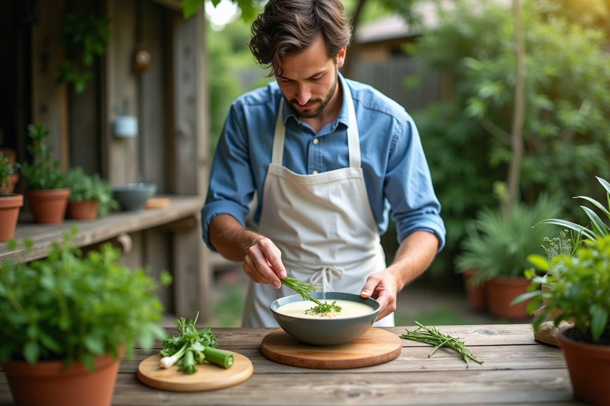Jeune chef garnissant une soupe verte en extérieur