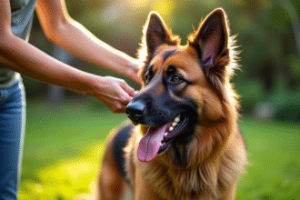 Chien mixte berger allemand et Newfoundland en promenade dans le jardin