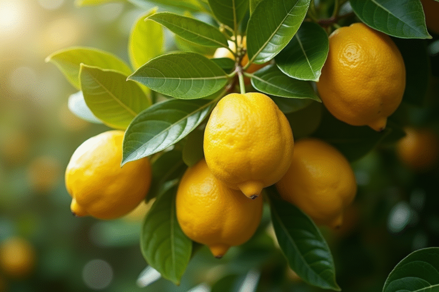 Arbre de citronnier en fleurs avec citrons mûrs en plein jour