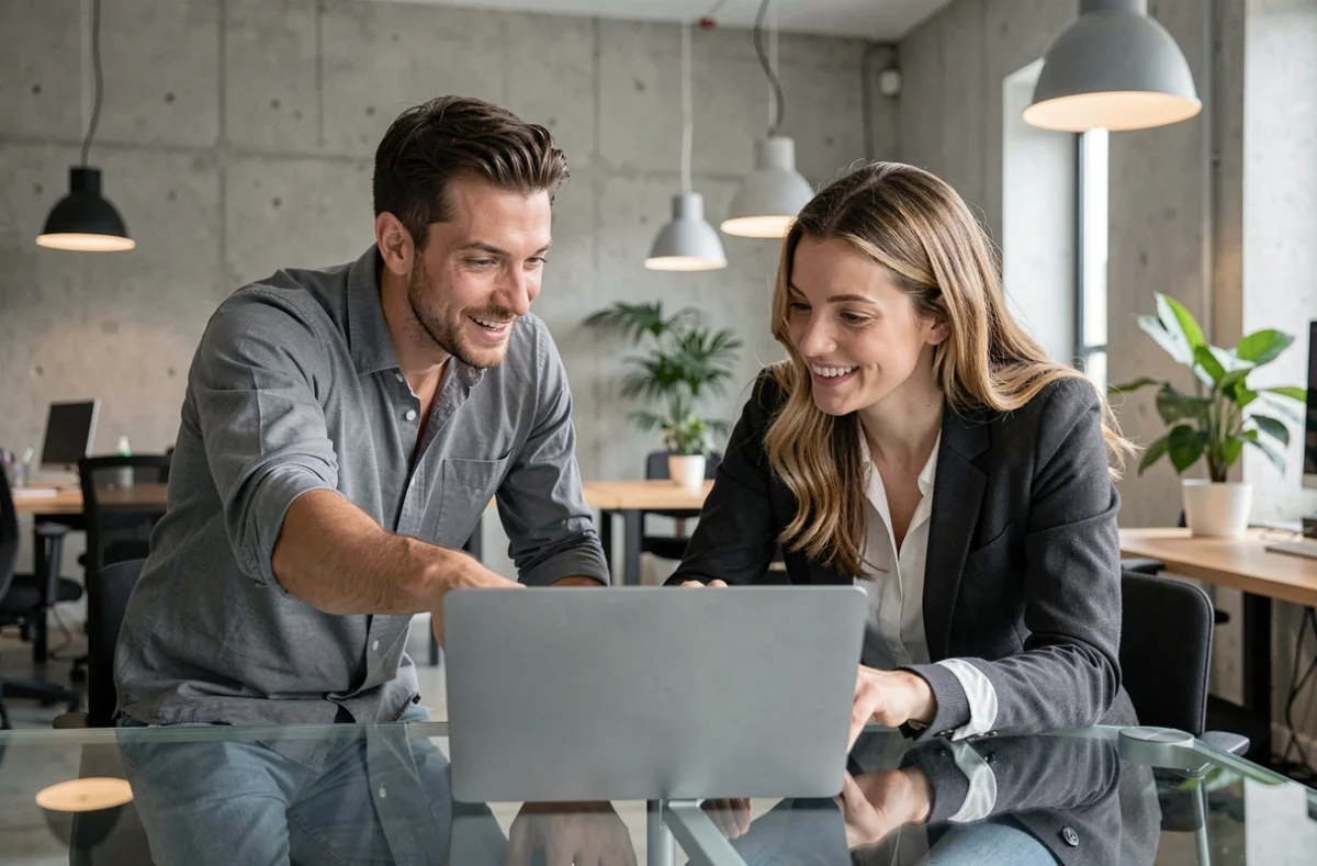 Deux collègues recherchant l'accès au site Kolrag dans un espace de coworking en France