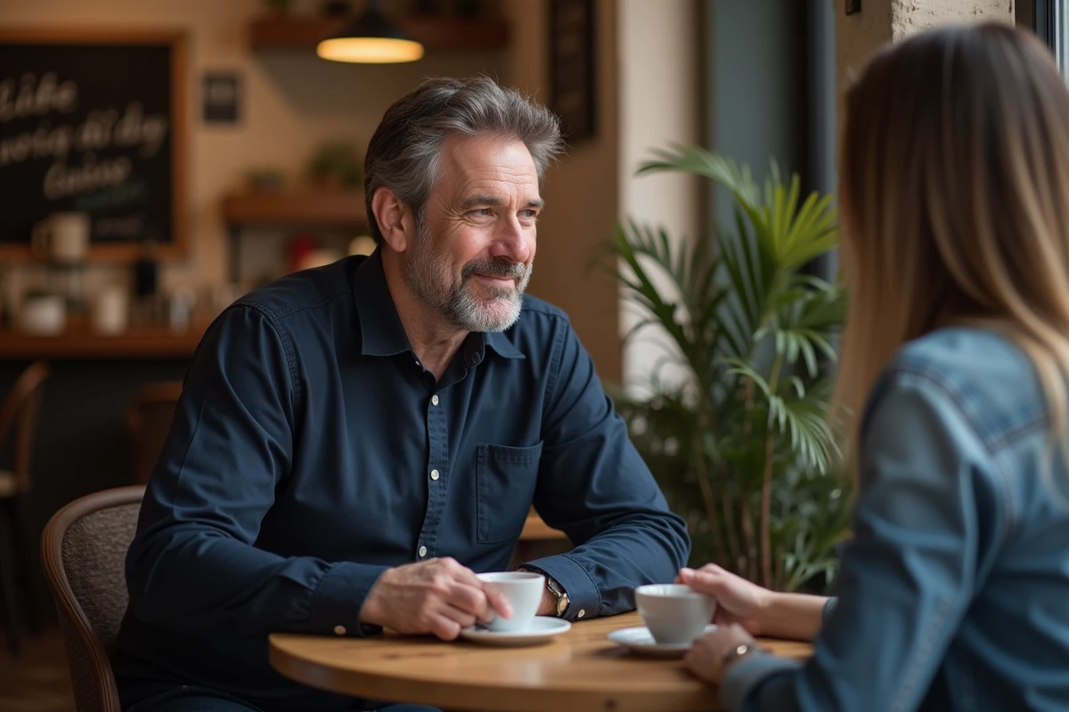 Deux personnes en conversation attentive dans un café parisien, illustrant l'écoute et la communication en français