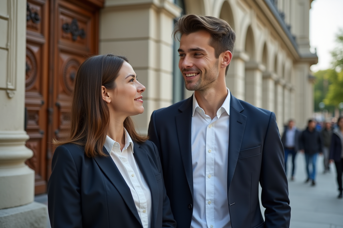 Homme et femme discutant devant un bâtiment historique