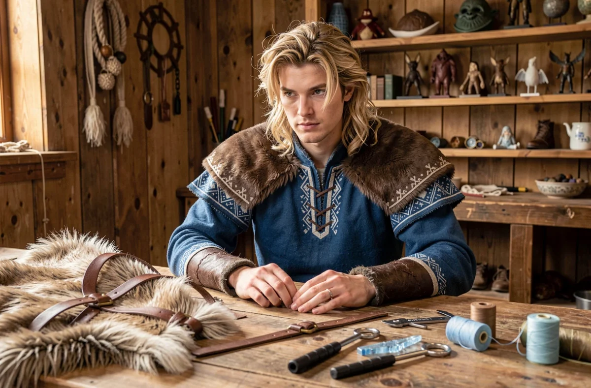 Cosplayeur Kristoff Disney préparant ses accessoires dans un atelier de fabrication de costumes en bois