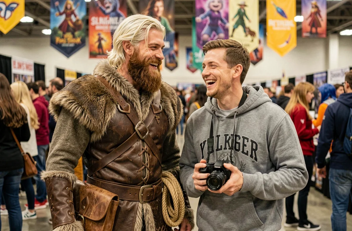 Cosplayeur Kristoff Disney en convention avec accessoires complets, photographié aux côtés d'un ami complice
