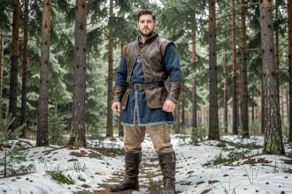 Homme en cosplay Kristoff de Disney dans une forêt enneigée, avec tunique nordique et gilet en cuir authentiques