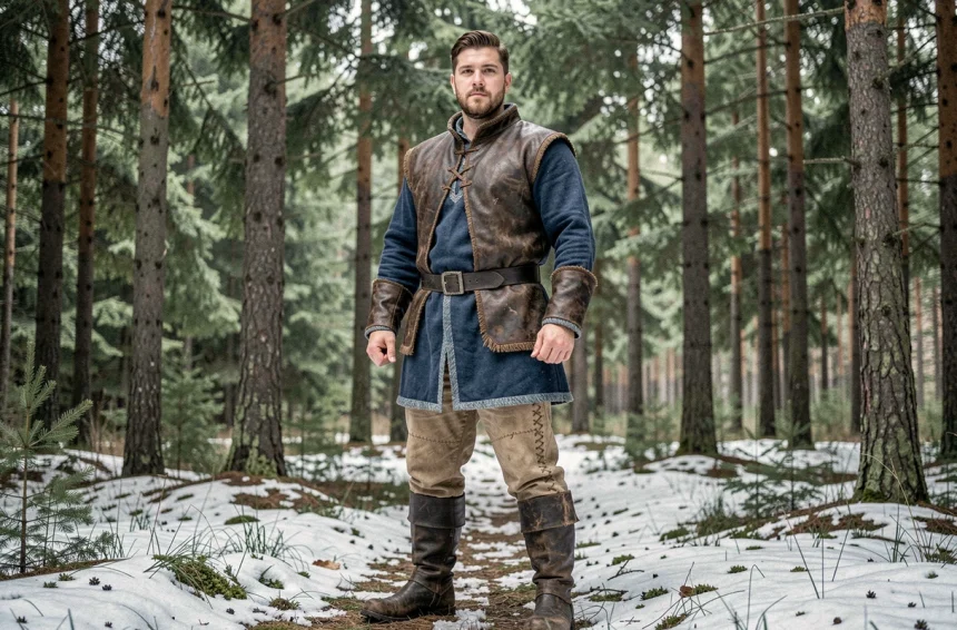 Homme en cosplay Kristoff de Disney dans une forêt enneigée, avec tunique nordique et gilet en cuir authentiques