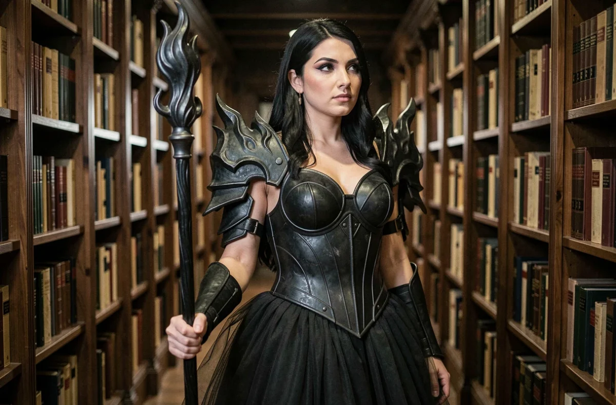 Cosplayeuse déguisée en princesse guerrière en armure noire avec épaulières en flammes dans un couloir de bibliothèque ancienne