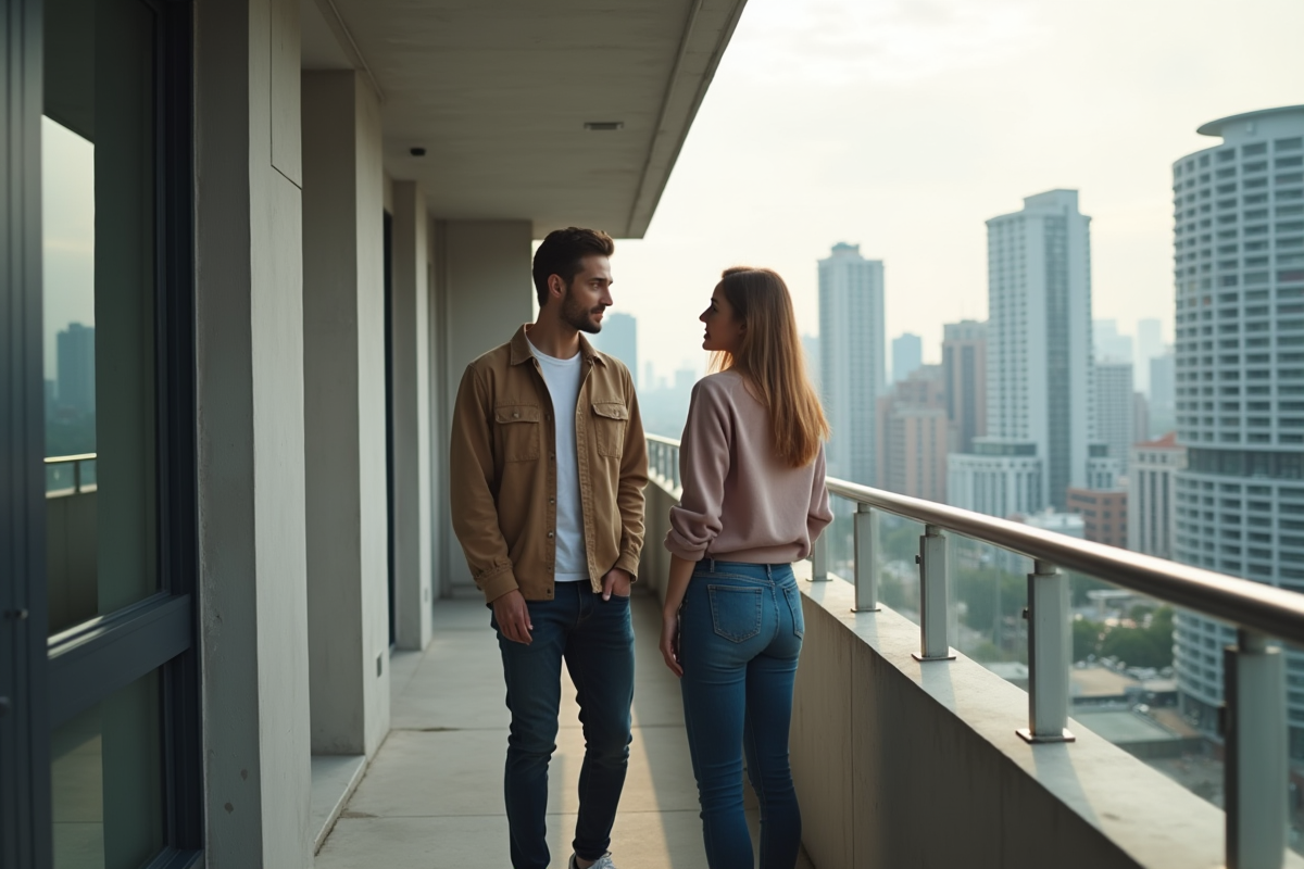 Jeune couple discutant sur le balcon d