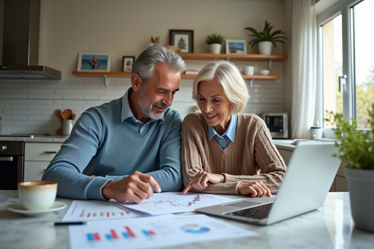 Couple discutant de finances à la maison avec graphique