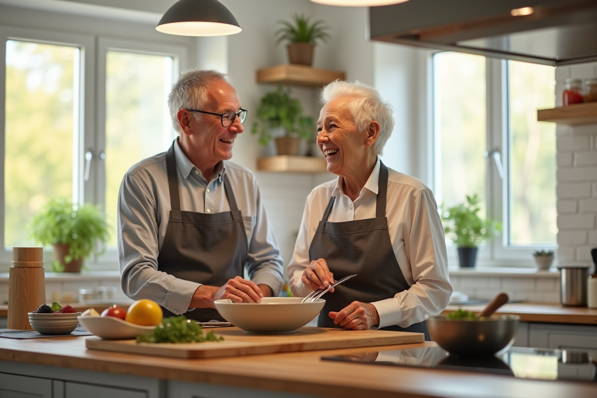 Couple senior cuisinant ensemble dans une cuisine lumineuse