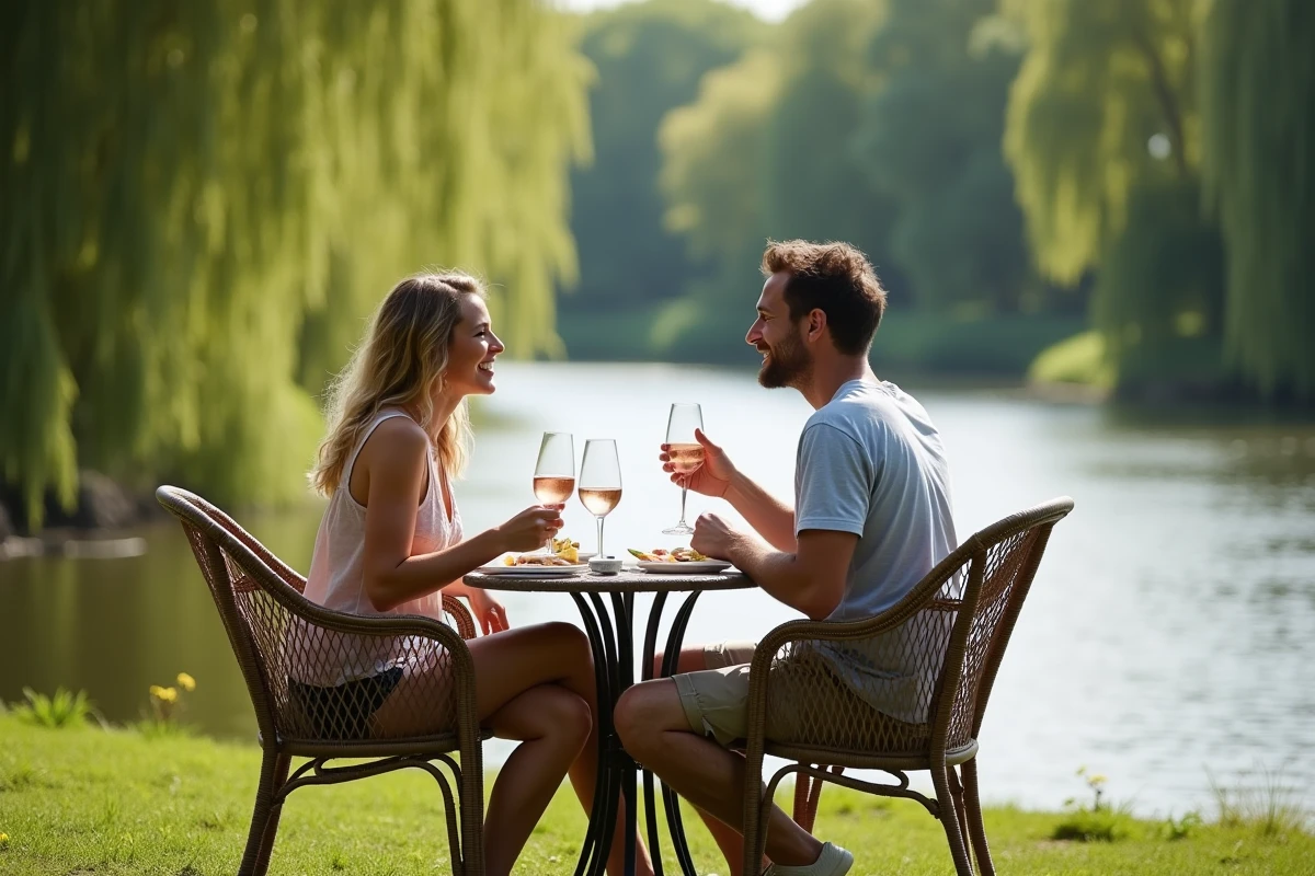 Couple profitant d'un moment convivial en terrasse au bord du canal à la guinguette de La Madeleine près de Lille